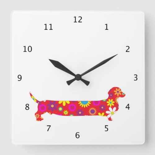 Funky floral retro Dachshund dog funny cartoon Square Wall Clock