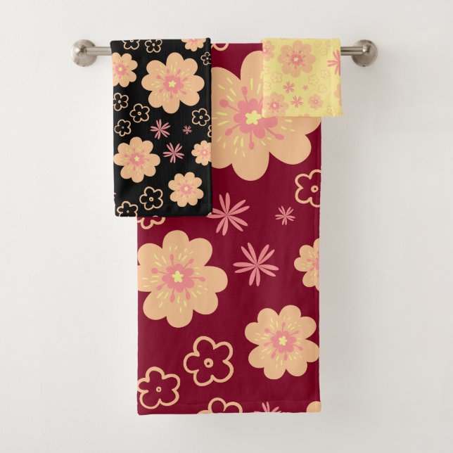 Funky Floral Retro Pattern Bath Towel Set (Insitu)