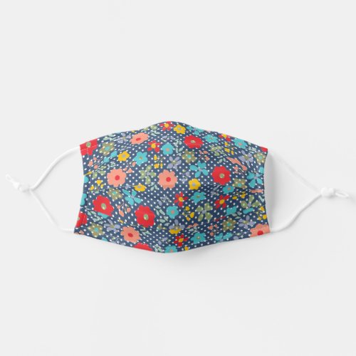 Funky Flower Pattern White Polka Dots On Dark Blue Adult Cloth Face Mask