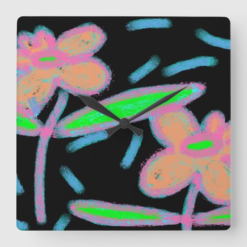 Funky Flowers Abstract Art Square Wall Clock