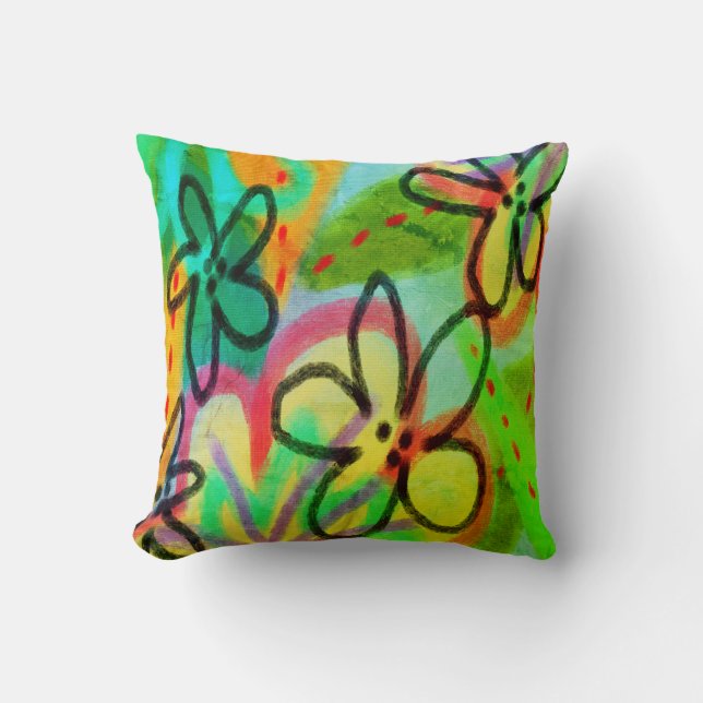 Funky Flowers Abstract Art Throw Pillow (Front)