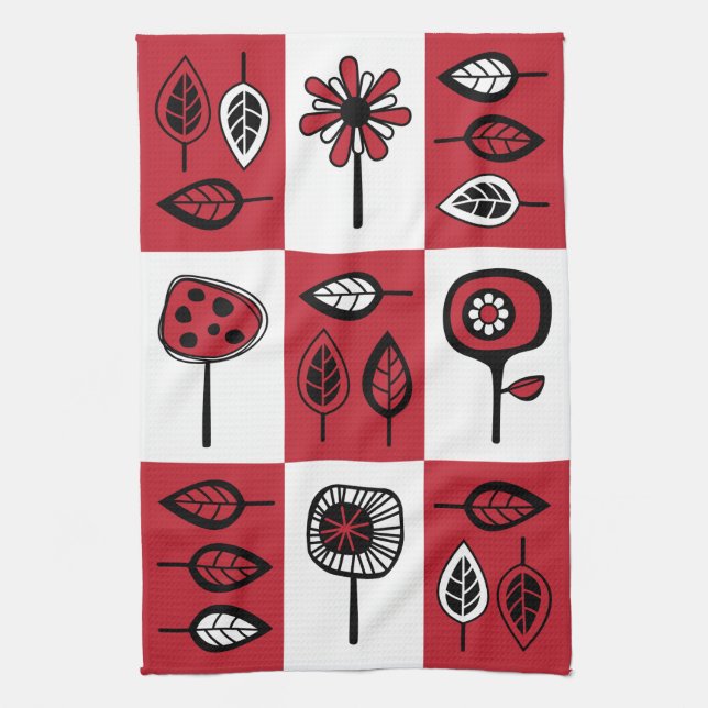 Funky Flowers and Leaves in Red & Black Kitchen To Kitchen Towel (Vertical)