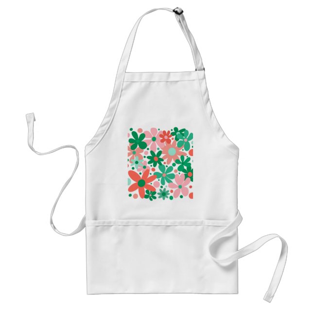 Funky flowers in green, peach & coral adult apron (Front)