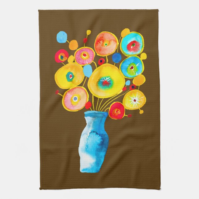 Funky flowers watercolor art kitchen towel (Vertical)