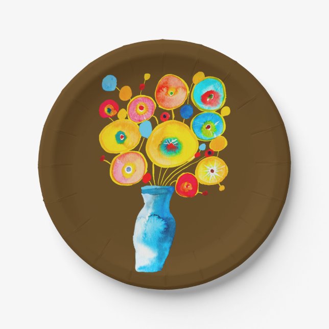 Funky flowers watercolor art paper plates (Front)