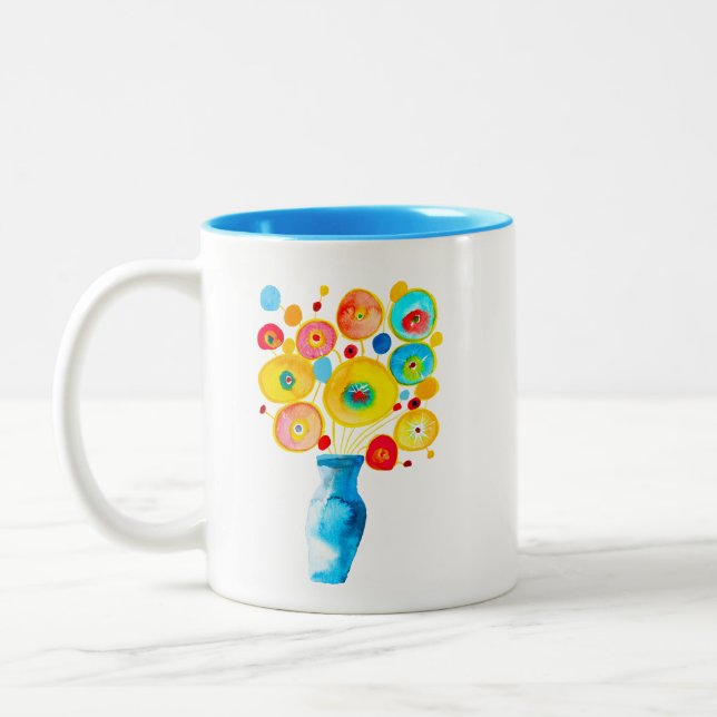 Funky flowers watercolor art Two-Tone coffee mug (Left)