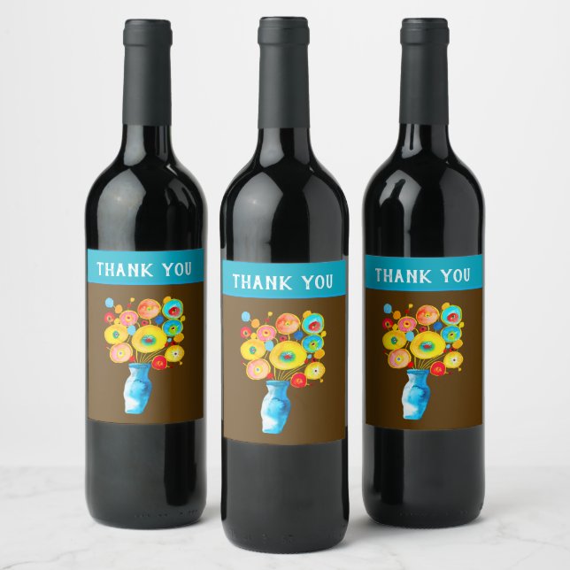 Funky flowers watercolor art wine label (Bottles)