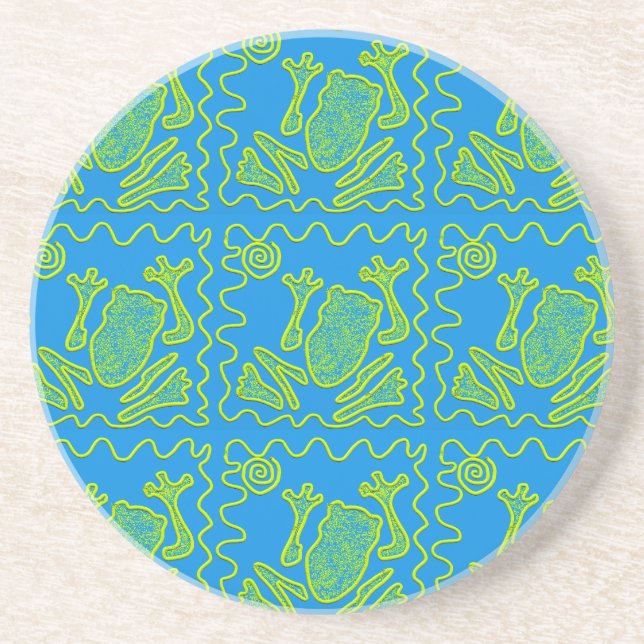 Funky Frog Blue Green Toad Kids Doodle Art Sandstone Coaster (Front)