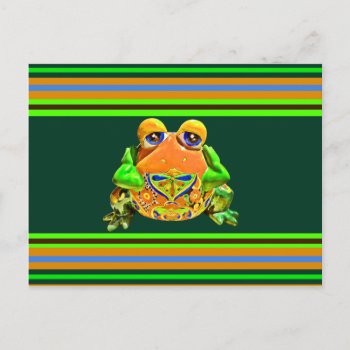 Funky Frog Orange Green Striped Novelty Gifts Postcard by azlaird at Zazzle