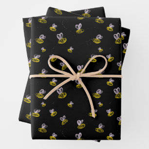 Funky fun bumble bees on black wrapping paper sheets