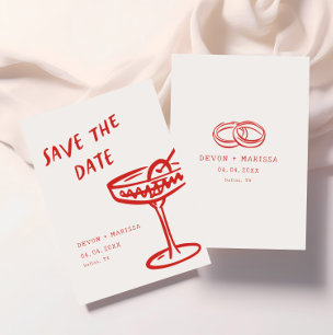 Funky + Fun Red Modern Retro Illustrated Wedding Save The Date