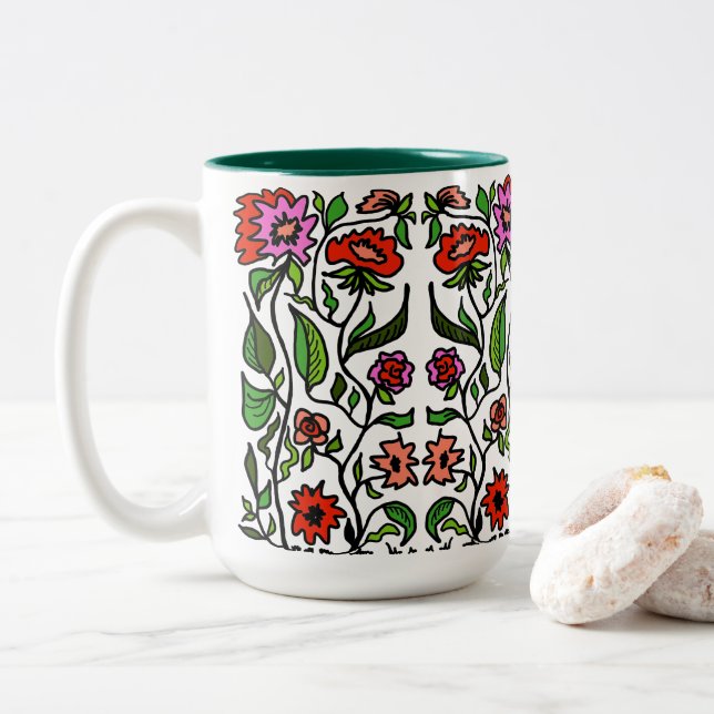 Funky Garden Flowers Illustrated  Two-Tone Coffee Mug (With Donut)