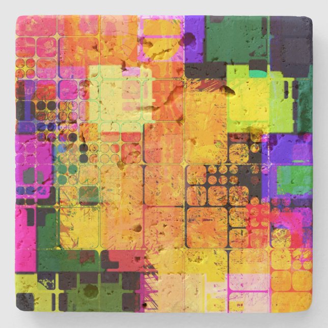 Funky Geometric Multicolored Design Stone Coaster (Front)