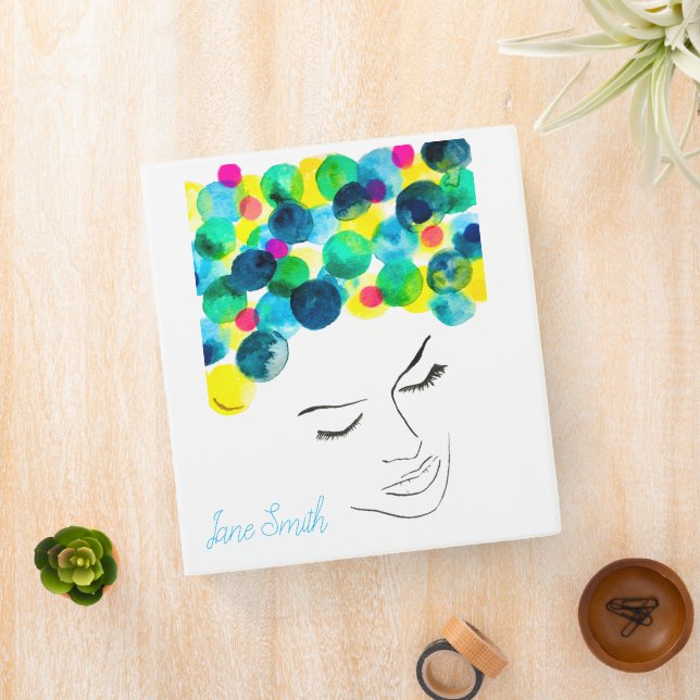 Funky girl cool hair watercolor 3 ring binder (In Situ)
