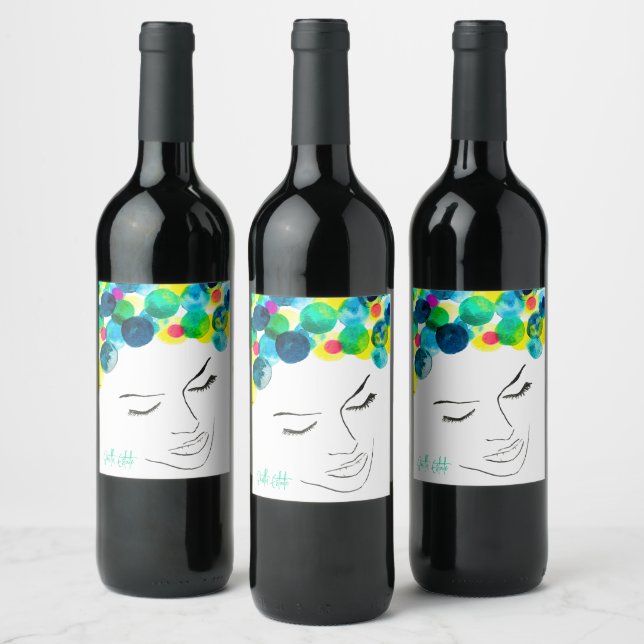 Funky girl cool hair watercolor wine label (Bottles)