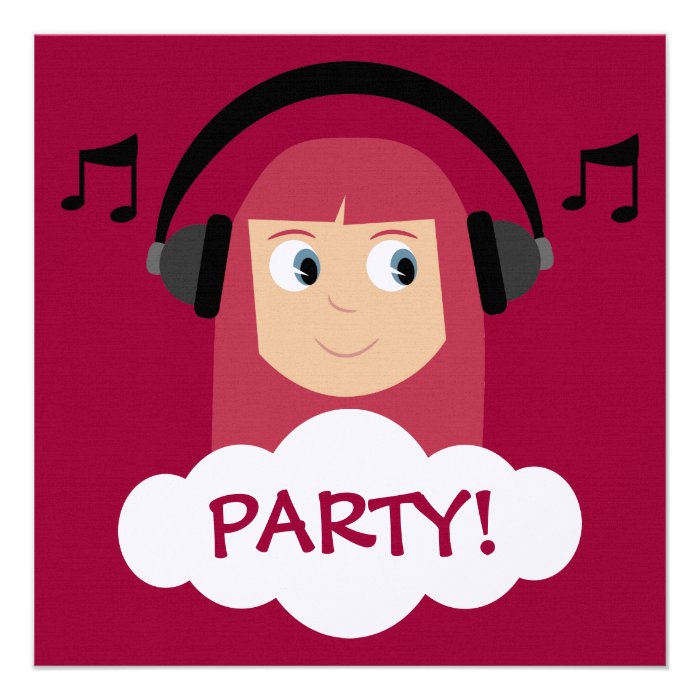 Funky Girl DJ With Headphones Red Custom Party Personalized Invite