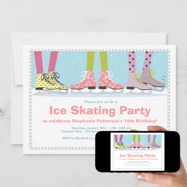 Funky Girls Ice Skating Birthday Party Invitation | Zazzle