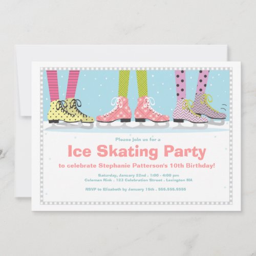 Funky Girls Ice Skating Birthday Party Invitation