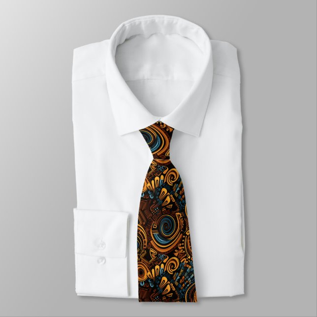 Funky Gold Blue African Pattern Neck Tie (Tied)