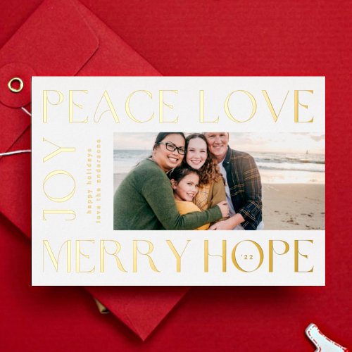 Funky Gold Letters MERRY JOY PEACE LOVE photo Foil Holiday Card