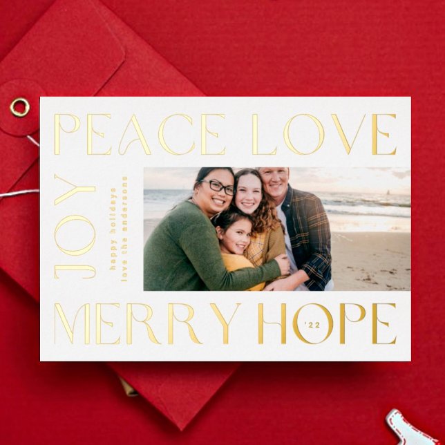 Funky Gold Letters MERRY JOY PEACE LOVE photo Foil Holiday Card (Creator Uploaded)