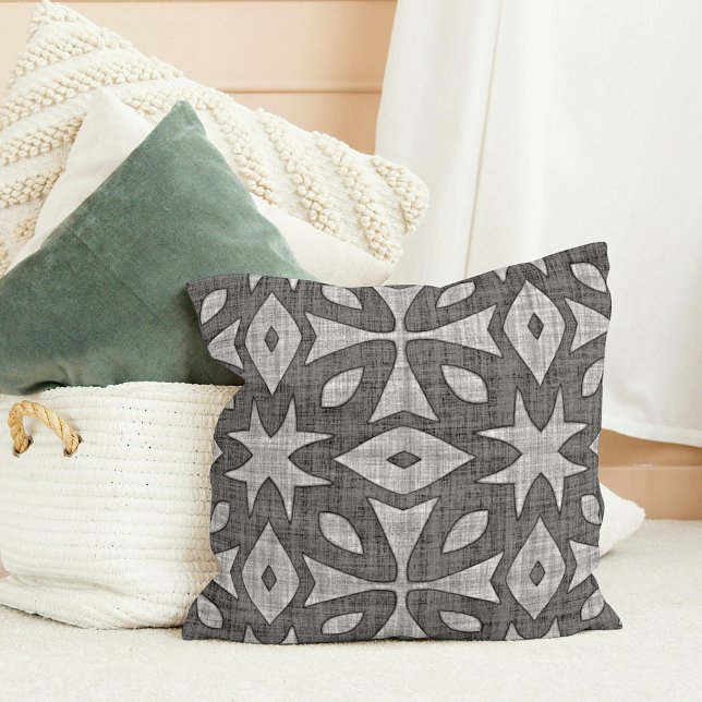Funky Gray Faux Linen Look Geometric Pattern Throw Pillow (Creator Uploaded)