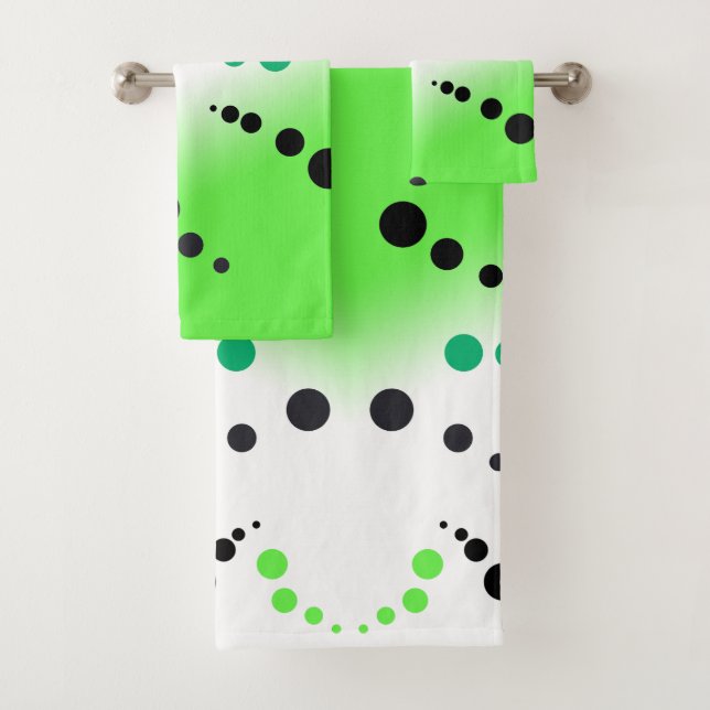 Funky Green Black Dots Abstract Art Bath Towel Set (Insitu)
