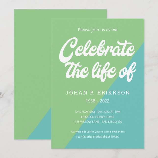 Funky Green Blue Retro Celebration of Life Invitation (Front/Back)