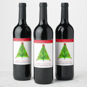 Funky Green Christmas Tree Name Merry Christmas Wine Label