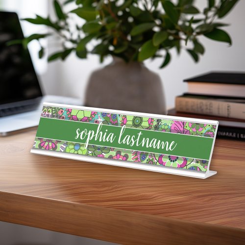 Funky Green Floral Pattern Handwritten Signature Desk Name Plate