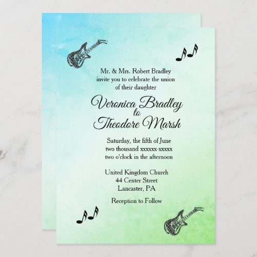 Funky Green Guitar Theme Wedding Invitation  