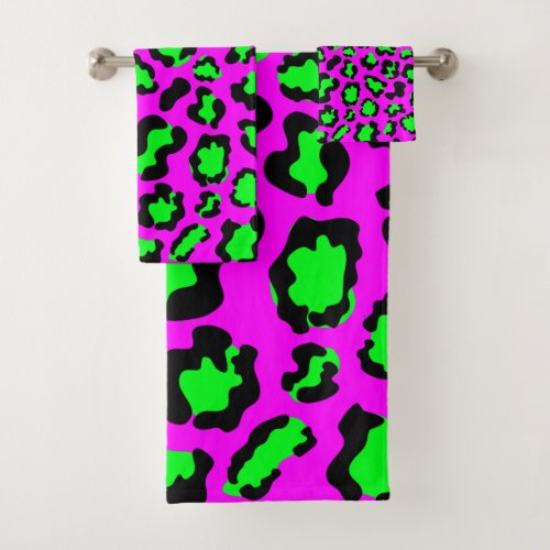 Funky Green Pink Leopard  Animal Seamless Pattern Bath Towel Set