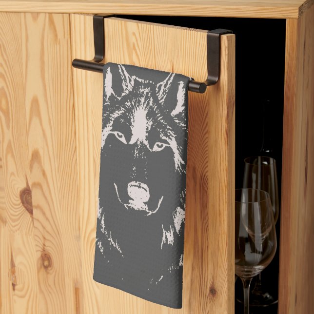 Funky Grey And White Wolf Face Head Kitchen Towel (Thirds Fold)