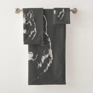 Funky Grey And White Wolf Face Head Sketch Bath Towel Set