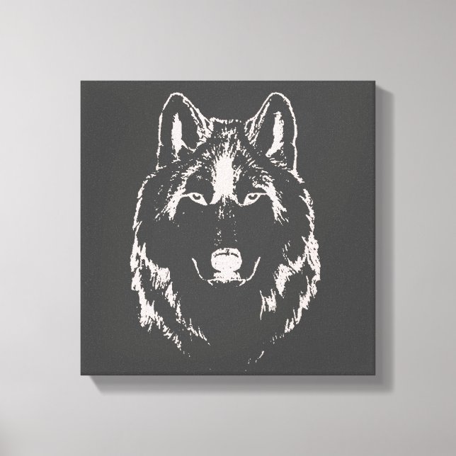 Funky Grey And White Wolf Face Head Sketch Canvas Print (Front)