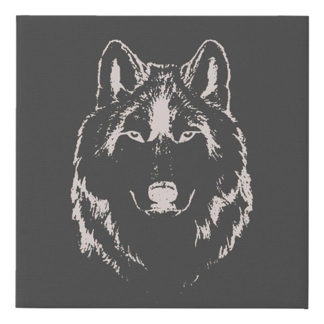 Funky Grey And White Wolf Face Head Sketch Faux Canvas Print (Front)