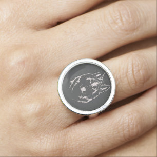 Funky Grey And White Wolf Face Head Sketch Ring