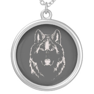 Funky Grey And White Wolf Face Head Sketch Silver Plated Necklace