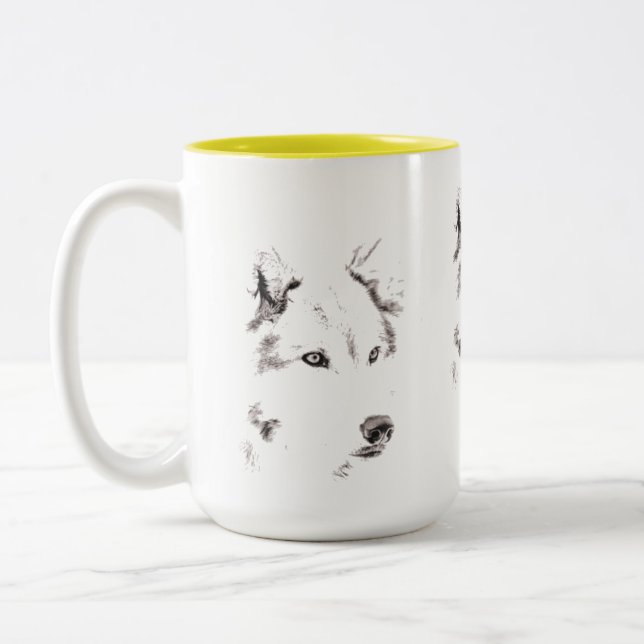 Funky Grey And White Wolf Face Head Sketch Two-Tone Coffee Mug (Left)