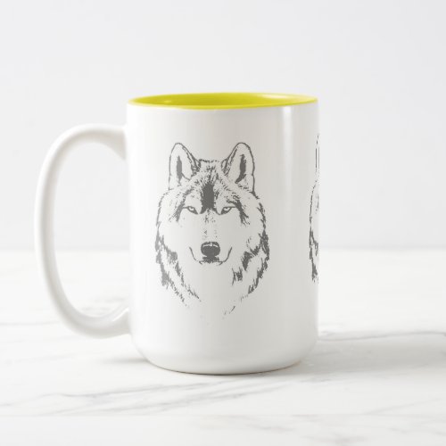 Funky Grey And White Wolf Face Head Sketch Two_Tone Coffee Mug