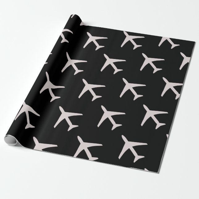 Funky Grey Plane Black Background Pilot Aviation Wrapping Paper (Unrolled)