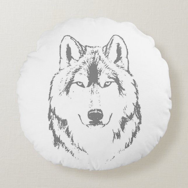 Funky Grey Wolf Face Head Sketch Round Pillow (Front)