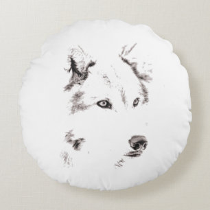 Funky Grey Wolf Face Head Sketch Round Pillow