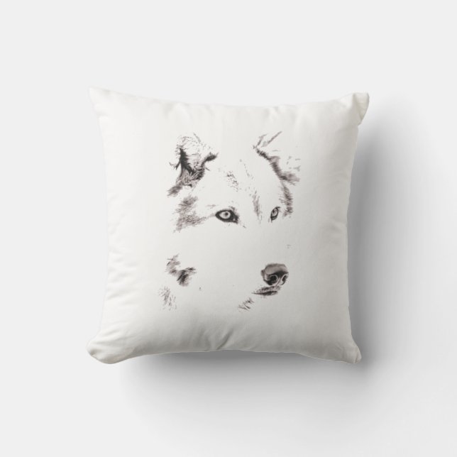 Funky Grey Wolf Face Head Sketch Throw Pillow (Front)