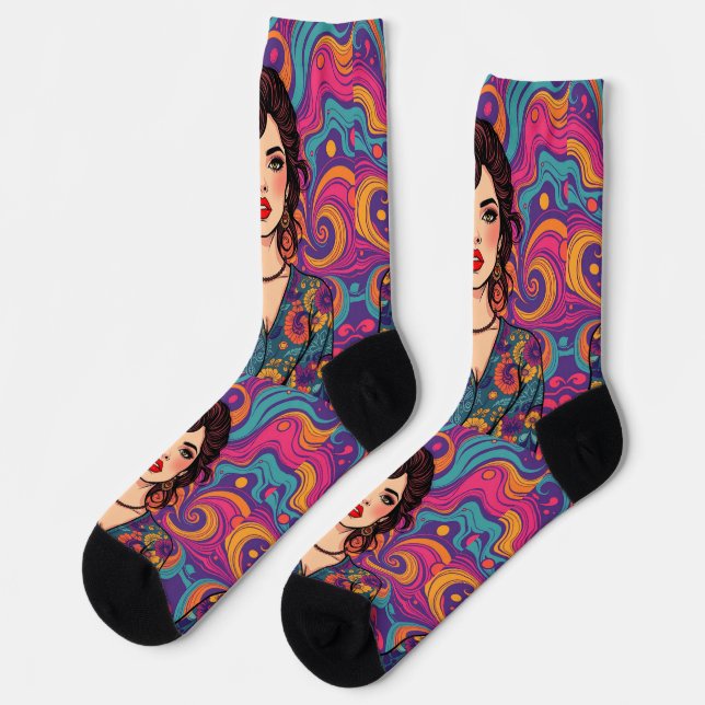 Funky groovy colorful Brunette Beauty youthful  Socks (Left)
