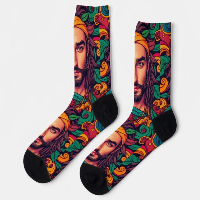 Funky groovy colorful handsome Male illustration Socks (Left)