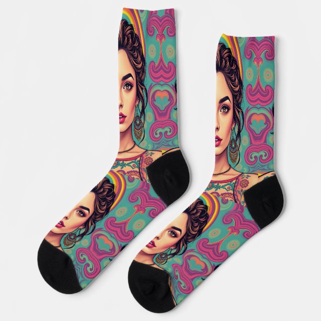 Funky groovy colorful young Brunette Beauty  Socks (Left)