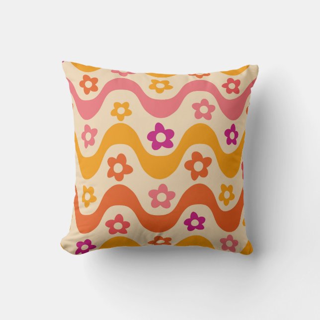Funky Groovy flowers pattern on retro waves   Throw Pillow (Front)