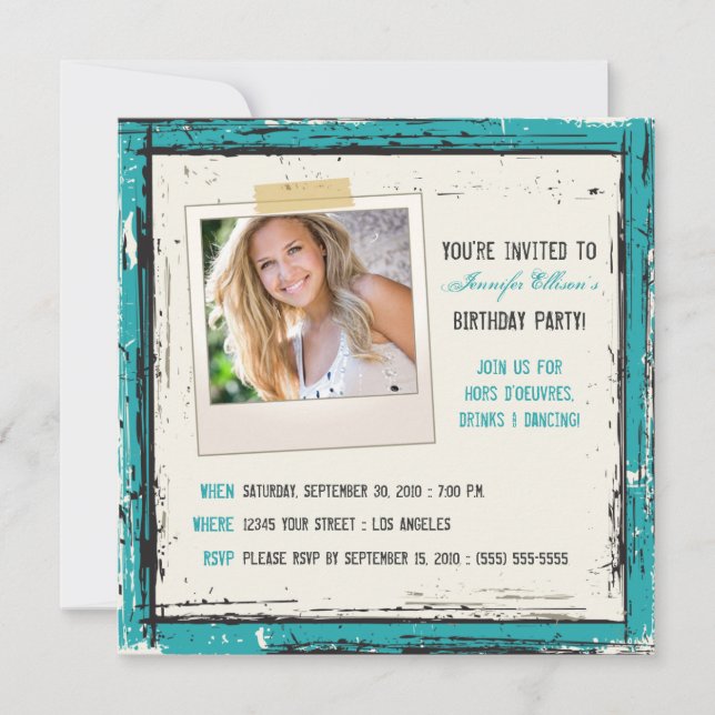 Funky Grunge Birthday Party Invitation (aqua) (Front)