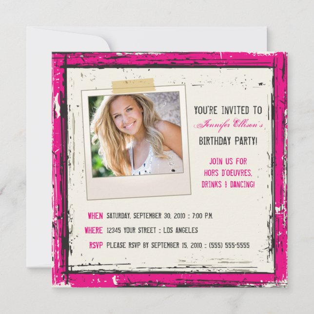 Funky Grunge Birthday Party Invitation (fuchsia) (Front)